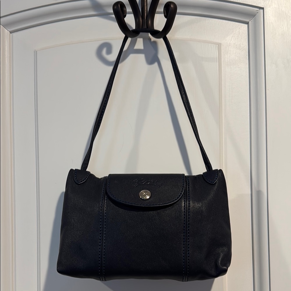 Lonchamp Mini Navy Blue Leather Modele Depose. Fabric Lined Silver Hardware.